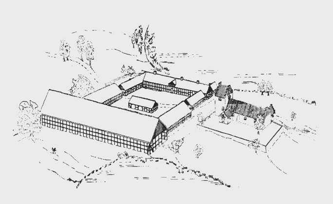 Avnsø kirke og gård tegnet på grundlag af matrikelkortet fra 1807 og brandtaxationen 1818. Efter Ganshorn 1981